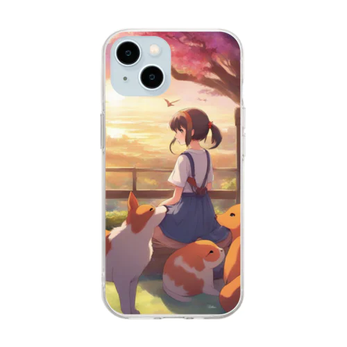 女の子と動物、眺める夕日 Soft Clear Smartphone Case