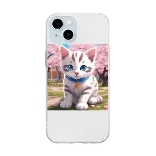 春と桜と虎縞白猫02 Soft Clear Smartphone Case