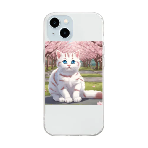 春と桜と虎縞白猫03 Soft Clear Smartphone Case