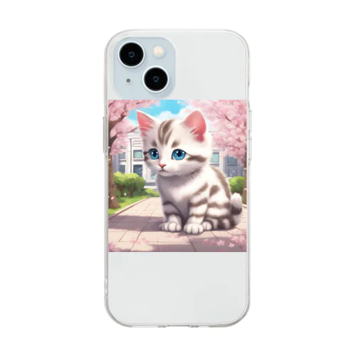 春と桜と虎縞白猫08 Soft Clear Smartphone Case