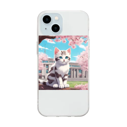 春と桜と虎縞白猫10 Soft Clear Smartphone Case