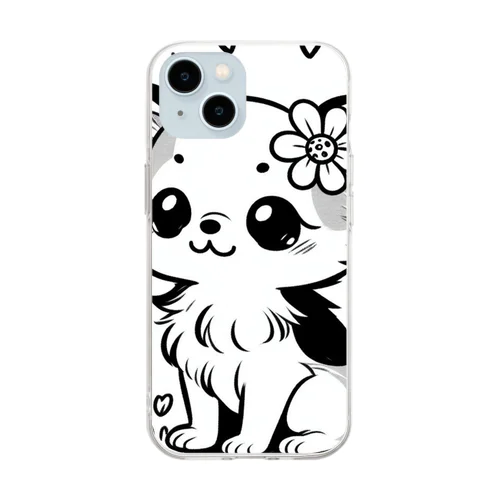 **お花の子犬のチワワ**モノクロ Soft Clear Smartphone Case