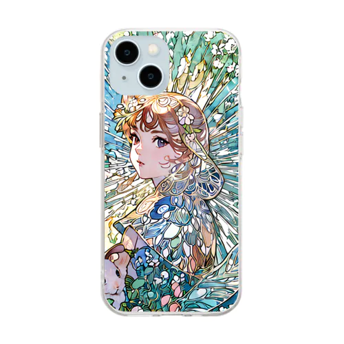 森で小動物と佇む少女（ミュシャ風） Soft Clear Smartphone Case