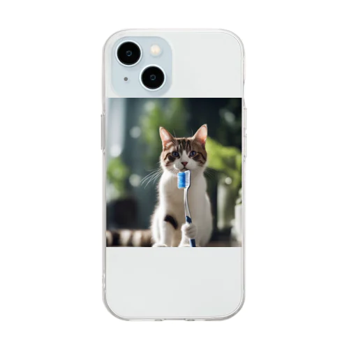 歯ブラシ猫 Soft Clear Smartphone Case