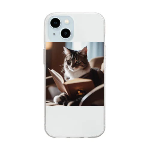 本を読む猫 Soft Clear Smartphone Case