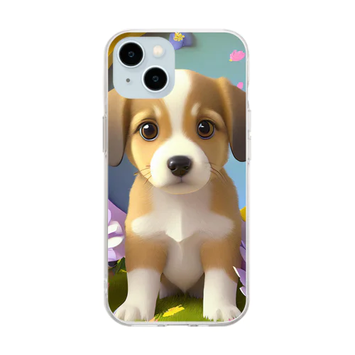 陽気な子犬と春の花々 Soft Clear Smartphone Case