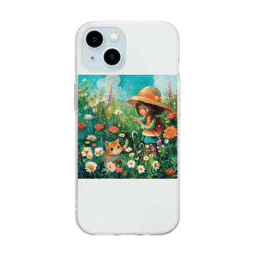 お花畑に囲まれる猫ちゃんと私 アメジスト 2846 Soft Clear Smartphone Case