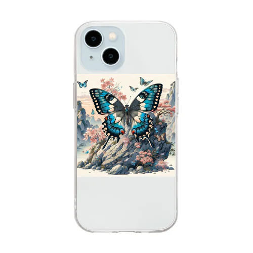 岩場の上で華やかに舞う蝶と咲き誇る花々 Soft Clear Smartphone Case