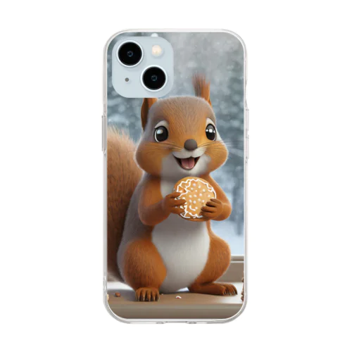 窓辺でクッキーを食べるリス Soft Clear Smartphone Case