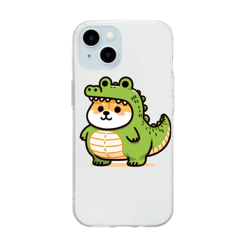 ワニの着ぐるみを着た柴犬のイラスト Soft Clear Smartphone Case