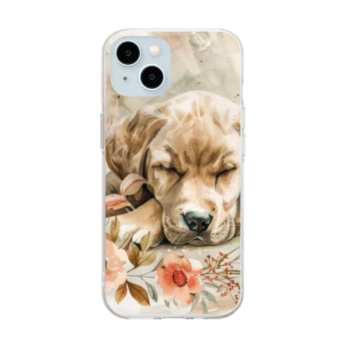 水彩風犬と花 Soft Clear Smartphone Case