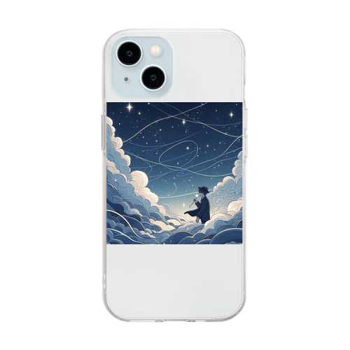 鮮やかな世界に包まれた、幻想的な雲の中をかける少年。風 Soft Clear Smartphone Case