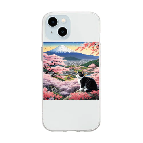 桜と富士山と猫 Soft Clear Smartphone Case