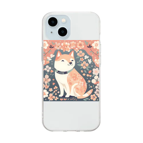 日本画風、柴犬と桜-Japanese-style painting of a Shiba Inu with cherry blossoms Soft Clear Smartphone Case