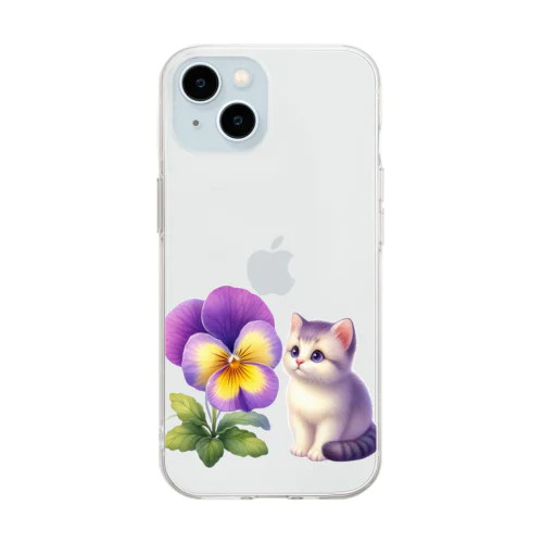 猫とパンジー Soft Clear Smartphone Case
