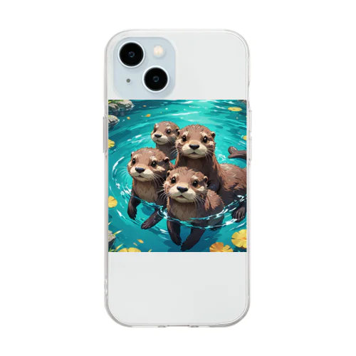 水遊びする親子カワウソ Soft Clear Smartphone Case