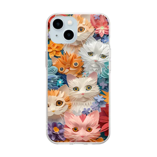 かわいい猫ちゃんたちが3Dの紙細工のように立体的に描かれたアート Soft Clear Smartphone Case