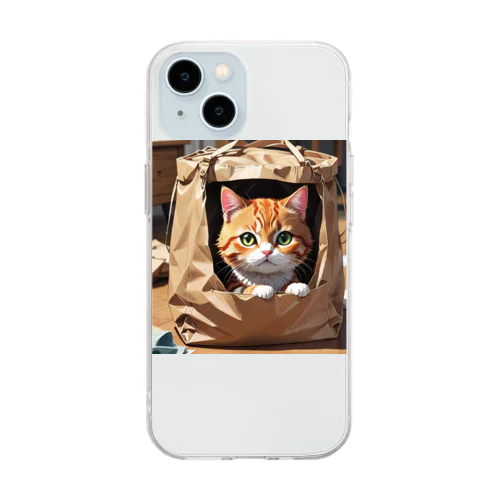 袋に入り込んで遊んでいる猫 Soft Clear Smartphone Case