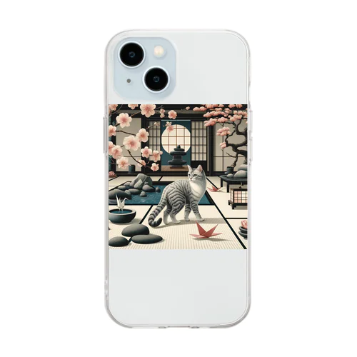 和紋様 x 猫　禅庭園の猫 Soft Clear Smartphone Case