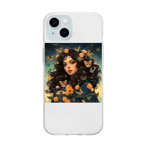 花と女と猫　なでしこ1478 Soft Clear Smartphone Case