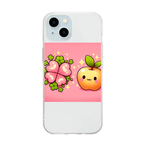 恋愛運アップの金のリンゴとピンクのクローバー Soft Clear Smartphone Case