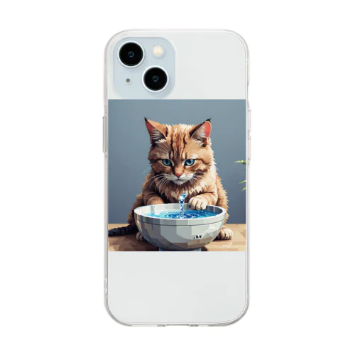 水を飲んでいる猫 Soft Clear Smartphone Case