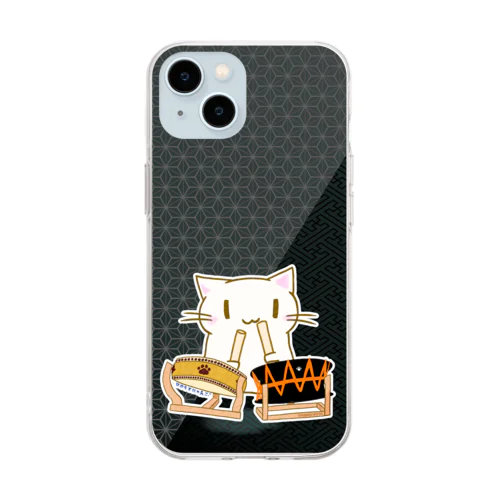 ひのもとにゃんこ®️ 太鼓 / 黒檀 Soft Clear Smartphone Case