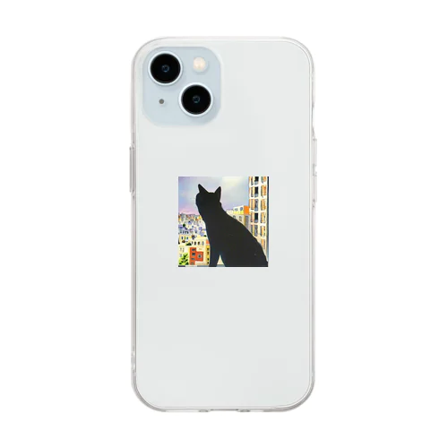 見つめる黒猫 Soft Clear Smartphone Case