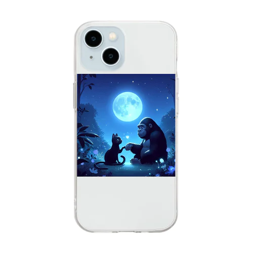 不思議な世界のゴリラと黒猫の友情🎵 Soft Clear Smartphone Case