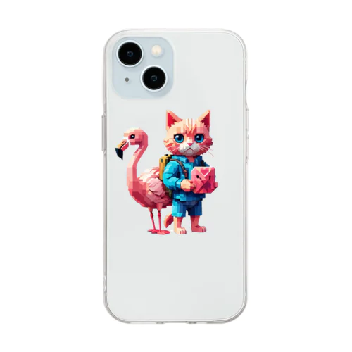 道に迷った猫とフラミンゴ Soft Clear Smartphone Case