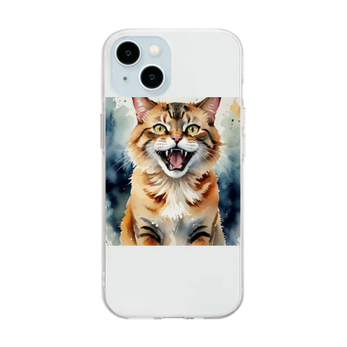 怒った猫の表情が鮮やかに描かれた水彩画 Soft Clear Smartphone Case