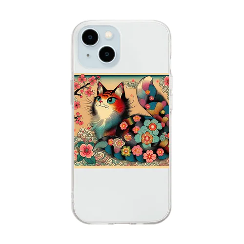 浮世絵風　カラフル猫「Ukiyo-e-style Colorful Cat」「浮世绘风格的多彩猫」 Soft Clear Smartphone Case