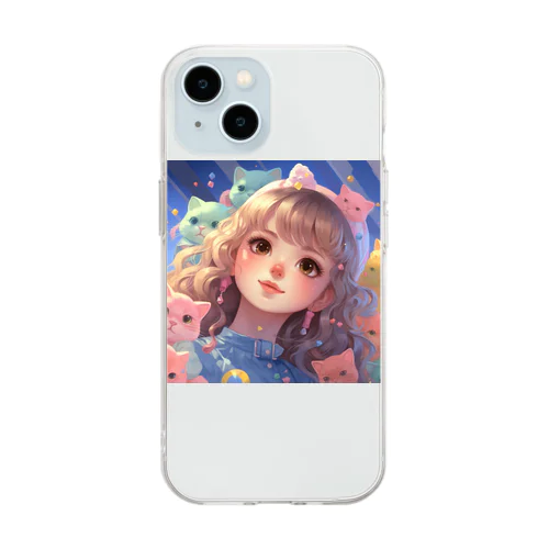 たくさんの猫と女の子 Soft Clear Smartphone Case