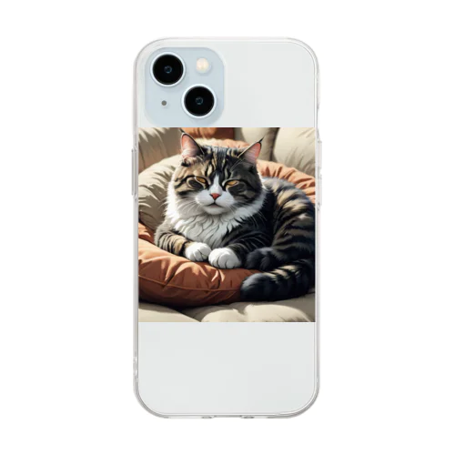 ソファのクッションの上で眠る猫 Soft Clear Smartphone Case