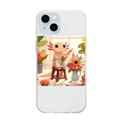 フラワーアレンジメントをしているかわいいウーパールーパー Soft Clear Smartphone Case