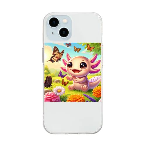 蝶々と一緒に遊んでいるかわいいウーパールーパー Soft Clear Smartphone Case