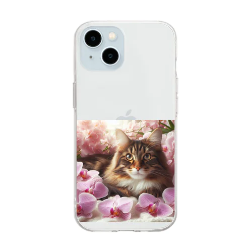 猫と胡蝶蘭 Soft Clear Smartphone Case