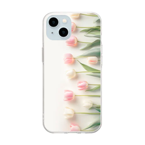 ピンクと白のチューリップ Soft Clear Smartphone Case