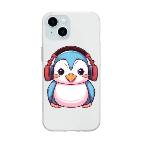 赤いヘッドホンを付けているペンギン Soft Clear Smartphone Case