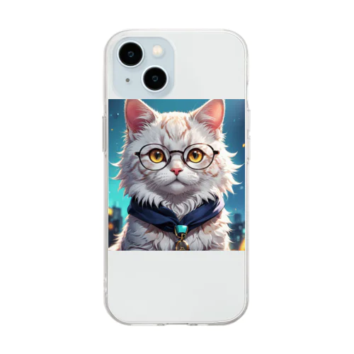 メガネをかけたおしゃれな猫 Soft Clear Smartphone Case