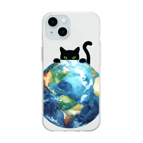 地球と黒猫 ソフトクリアスマホケース