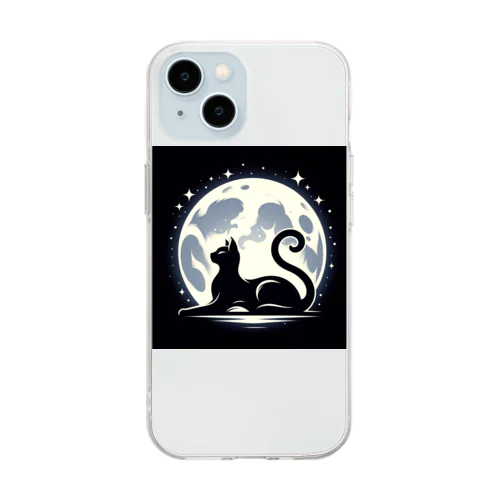 【Cat's Moonlight Stretch】- 月夜の猫シルエット Soft Clear Smartphone Case