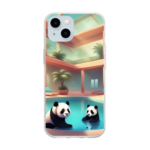 室内プールで遊ぶパンダ Soft Clear Smartphone Case