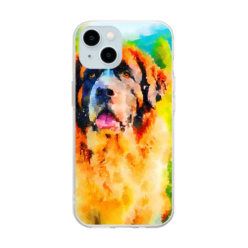 水彩画の犬 花畑のセントバーナードのイラスト Soft Clear Smartphone Case