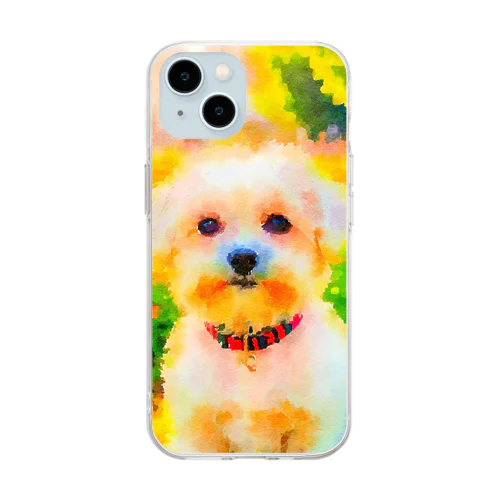 水彩画の犬 花畑のマルチーズのイラスト Soft Clear Smartphone Case