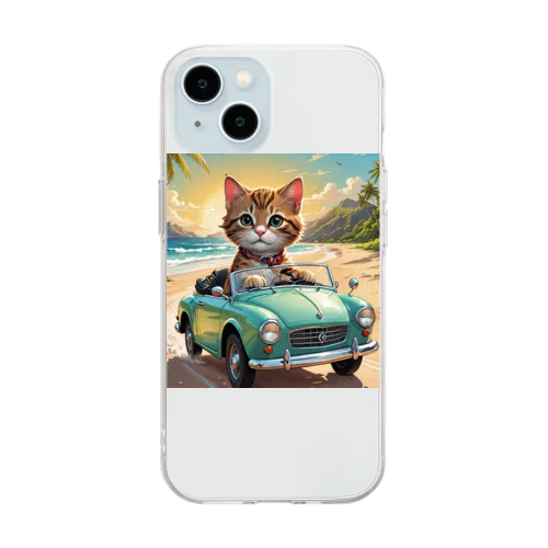 浜辺をドライブする子猫 ソフトクリアスマホケース