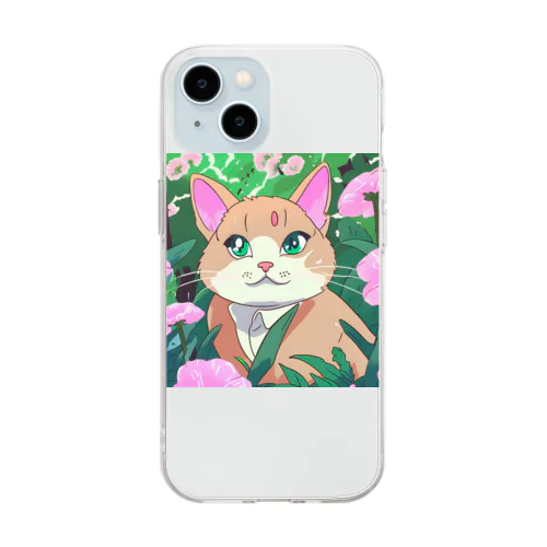 アニメ調・花畑の猫 Soft Clear Smartphone Case