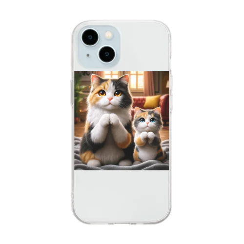 三毛猫親子のお願い Soft Clear Smartphone Case