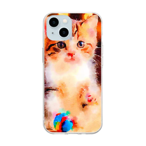 猫の水彩画/キジシロねこのイラスト/おもちゃで遊ぶキジ白ネコ Soft Clear Smartphone Case