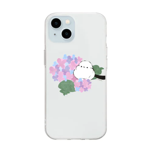 あじさいとシマエナガ_葉っぱにお座り＠ぴよ手帖 | シマエナガ雑貨 Soft Clear Smartphone Case